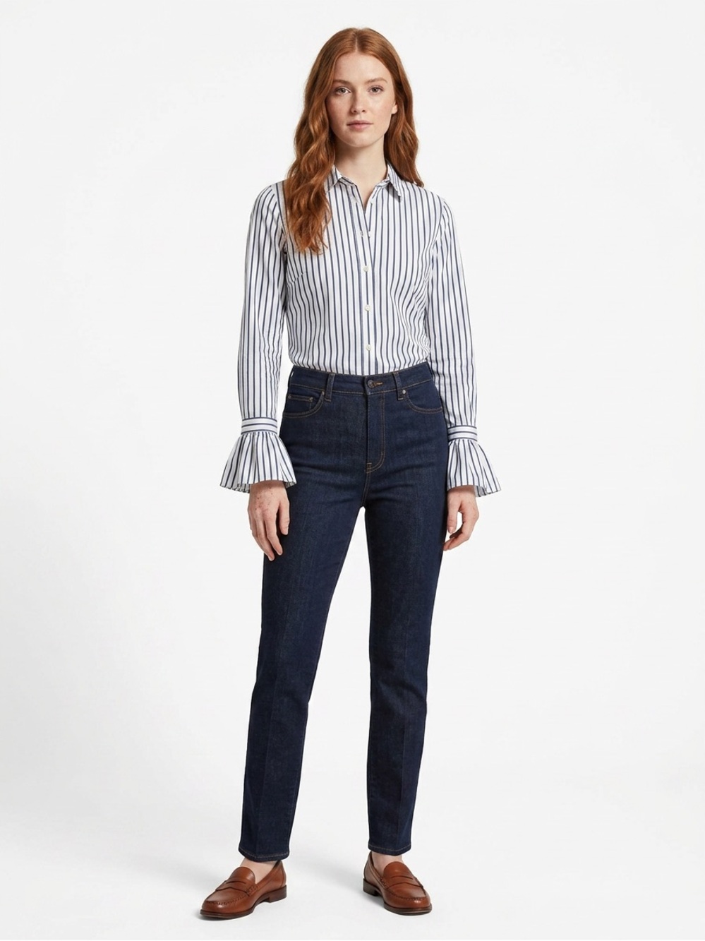 Banana Republic Women’s Shirt Sz 6P Blue White stripped Bell Sleeve Button Up